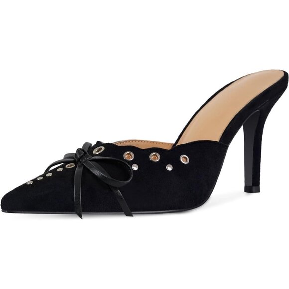 Women Pointed Toe Bow Heels Slip on Stiletto Dress Party Wedding Studded Pumps - Picture 1 of 6